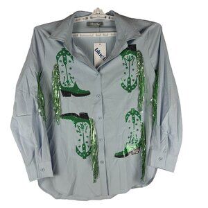 Blueb. Collection Womens Western Fringe Sequin Button-Up Shirt Size L